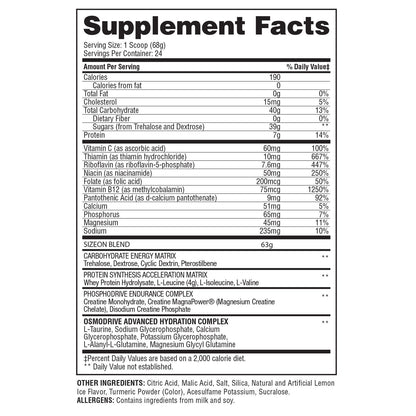 SizeOn intra-workout supplement facts in Lemon Ice flavor by Gaspari Nutrition