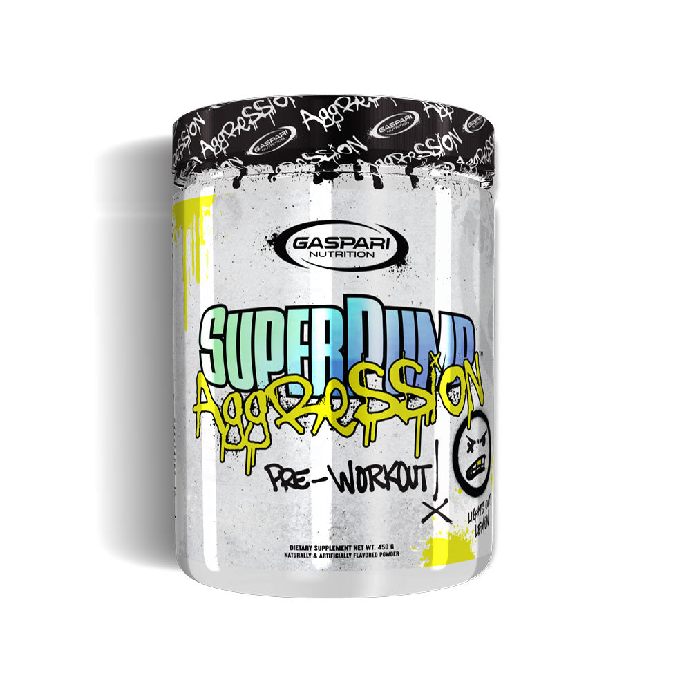 SuperPump Aggression pre-workout in lights out lemon flavor
