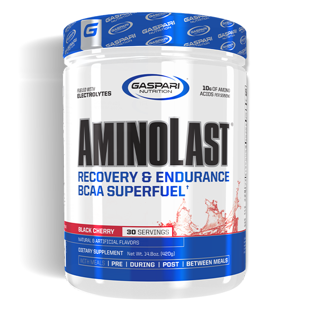 The front of a bottle of Gaspari's AminoLast recovery