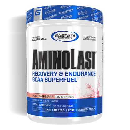 The front of a bottle of Gaspari's AminoLast recovery