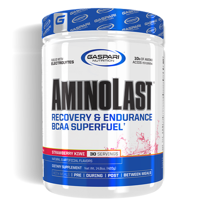 The front of a bottle of Gaspari's AminoLast recovery